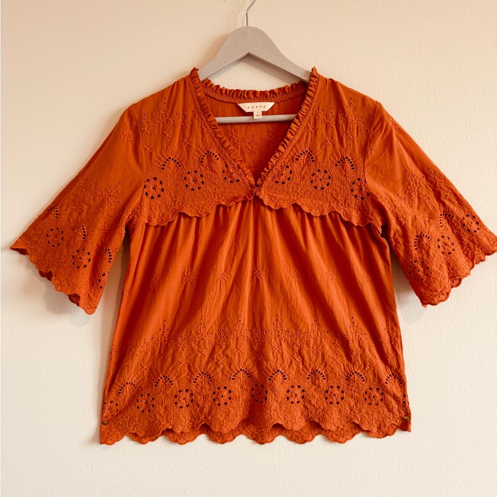 Adiva Orange 3/4 Sleeve Smocked Ruffled Blouse